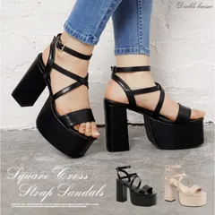 新品 厚底 スクエアトゥ クロスストラップサンダル ブラック 23.5cm 24.0cm 24.5cm 韓国風 レディース 靴 シューズ トレンド 人気 チャンキーヒール 安定感 歩きやすい 脱げにくい ワンピース パンツ プレゼント 贈り物 お呼ばれ 二次会