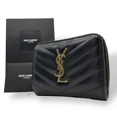 サンローランパリ コンパクトウォレット 折り財布 黒 YSL デカロゴ キャビアスキン Vステッチ ゴールド金具 レディース M3