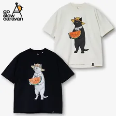 新品 【送料無料】メンズ ゴースローキャラバン 半袖 Tシャツ 半袖Tシャツ ティーシャツ go slow caravan スイカ すいか 猫 ねこ ネコ 黒猫 グレー猫 麦わら帽子 プリント ユニセックス レディース アイボリー 黒 ブラック