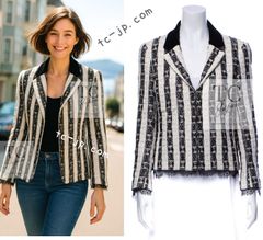 シャネル ジャケット CHANEL ブラックストライプ コットン ツイード レース カールラガーフェルド貴重 年中着れるツイード 超美品 38