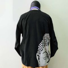 和柄Tシャツ　右後ろ大仏プリント　ロンT　黒　XXL