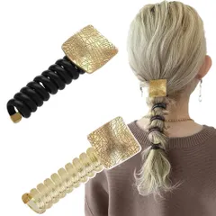 新品 XINSHEYE コイルポニー ワイヤーポニー スパイラルヘアゴム 飾りつきヘアゴム 人気 可愛い おしゃれ 跡がつかない アレンジ自在 入学式 結婚式 卒業式 デート 2本セット（ブラック＋ゴールド）