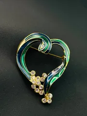 美品 大ぶり ハート エナメル ラインストーン ゴールド調 ヴィンテージ・アンティーク ブローチ