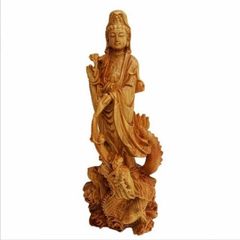 黄楊木 手彫り 龍上観音 仏像 彫刻 御龍観音21cm 玄関飾り開運 収蔵 実 