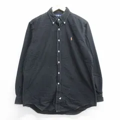XL/古着 ラルフローレン 長袖 ブランド シャツ メンズ 90s ワンポイントロゴ オックスフォード ロング丈 コットン ボタンダウン 黒 ブラッ