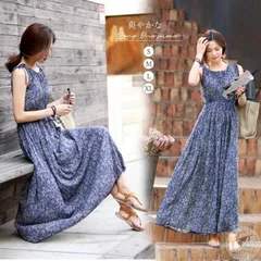 ロングワンピース ノースリーブ レディース 花柄 マキシ丈ワンピース 薄手 オールインワン ウエストシャーリング V2Xe878