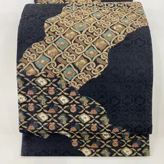 【美品】 袋帯 秀品 草花 幾何学 金糸 墨色 六通 正絹 【中古】