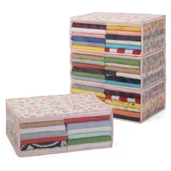 【在庫セール】衣類収納ケース ホワイト チューリップ柄 4個組 通気性の良い不織布製 衣類収納袋 衣装ケース アストロ 洋服 収納ボックス 防塵 透明窓付き クローゼット 押入れ 折りたたみ 花柄 レトロ 168-01