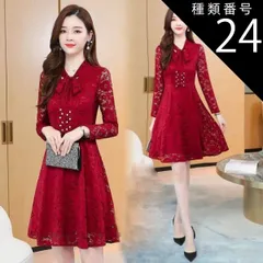 種類24：ワインレッド/3XL レースワンピース ワンピース ナイトドレス フレアスカート フレアワンピース ワンピドレス 膝丈 ひざ丈 膝上 袖あり 長袖 Vネック リボンタイ タイト 細身 Aライン レース リボン ベルベット きれいめ 大人 上品 おしゃ