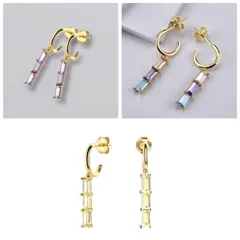 【K18ゴールドカラー】カラーストーン バゲットカット フープピアス シルバー925 パープル イエロー ブルー 上品 華奢 大人 女性 高級感 エレガント シンプル 輝き 清楚 普段使い フォーマル ギフト 人気 プレゼント (450 451 452)