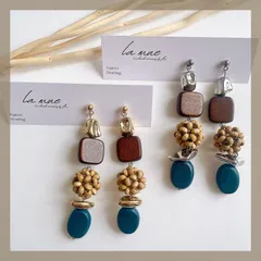 《304ステンレス 24KGP 本金メッキ》ハンドメイドピアス カラーウッド ニュアンスメタル ゴールド シルバー イヤリング アレルギー対応