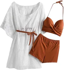 ルナリ 水着 3点セット ビキニ レースワンピース 体型カバー セットアップ セパレート タンキニ 日焼け対策( アプリコット,  XL)