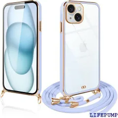 iPhone 15 ケース クリア ショルダー iphone15 スマホケース アイフォン15 カバー 透明 TPU ストラップ付き 肩掛け 首掛け 紐付き 斜めがけ 可愛い かわいい 韓国 薄型 耐衝撃 シリコン メッキ加工 TPUバン ローブ 紫 1691