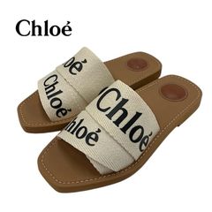クロエ Chloe Woody サンダル 靴 シューズ ファブリック アイボリー ブラウン フラットサンダル ミュール ロゴ
