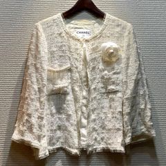 ★お盆期間限定価格★  シャネル CHANEL 06C カメリア コサージュ ブローチ付き ツイードジャケット カーディガン 白 ホワイト [40] N725/T170