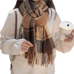 [deoway] マフラー レディース チェック柄 マフラー 大判 ストール 人気 ファッション 冬 厚手 肩掛け 防寒 柔らかい 羽織り 通勤 通学 男女兼用 肌触り良い巻いて羽織ってアレンジ自在 あったか起毛 暖かい 冬定番 (brown beige)
