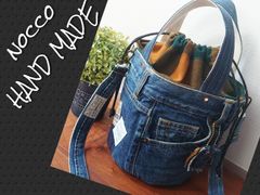 No.628【DENIM✖️レトロチェック巾着 丸底バケツ型Bag💚】デニムリメイクトートバッグ👖昭和レトロ🎵ショルダーバッグにもなる❇️