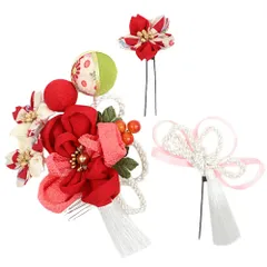 髪飾り ３点セット 赤 成人式 花 つまみ細工 ちりめん 縮緬 和風 浴衣 着物 振袖 袴 七五三 キッズ 結婚式 卒業式 入学式 髪留め 日本製 クリスマス 誕生日 送料無料 ヘアアクセサリー アカ W 73 324-296 u778　Si