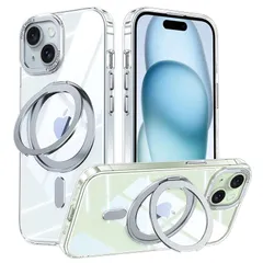 iPhone 15 適用 ケース Magsafe対応 アイフォン15 カバー 360°回転スタンド Uovon スマホケース アイホン15 携帯ケース ワイヤレス充電 車載ホルダー 対応 ストラップ穴付き 透明 指紋防止 黄?防止 ・ クリア 0