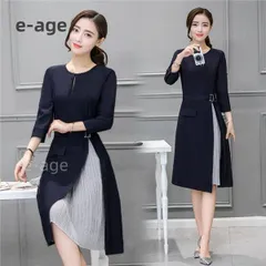 ワンピース レディース プリーツワンピース サイドプリーツ ひざ丈 ラウンドネック 切り替え 七分袖 ミモレ丈 大人 春 夏 無地 韓国ファッション