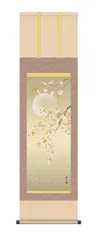 10年保証 掛け軸 夜桜 (よざくら) 緒方葉水 新絹本 洛彩緞子本表装 尺3 モダン 掛軸 床の間 和室 花鳥画 春掛 おしゃれ 壁掛け 絵