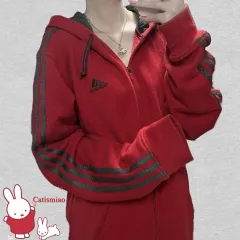 adidas(アディダス) レッド x グレー フード付き ジップアップパーカー