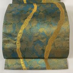 袋帯 秀品 箔散らし柄 よろけ縞 金糸 箔 青緑 六通 正絹 【中古】