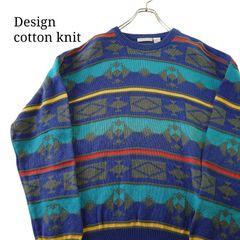 【90s】Claiborne クレイボーン コットンニット 総柄 レトロ USA製 L