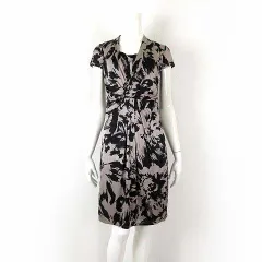 クードシャンス CdeC COUP DE CHANCE ワンピース ドレスワンピース 半袖 とろみ ドレープ 総柄 S 36 グレージュ 黒 ブラック 美品