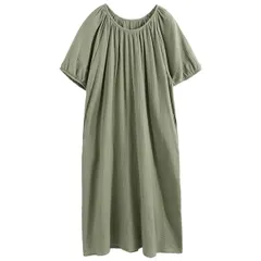 ルームウェア ワンピース 綿100％ 半袖 ダブルガーゼ 通気性 吸収性 肌にやさしい 敏感肌 ロング丈 ひざ下 ゆったり ポケット付き 袖口ゴム 紫 緑 rr-050