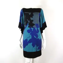 ダイアンフォンファステンバーグ DIANE von FURSTENBERG ワンピース 絹 シルク 総柄 ハーフスリーブ 5分袖 ストレッチ S 2 黒 ブラック ターコイズブルー 紺 グレー