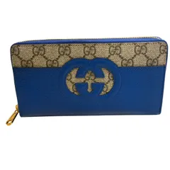 美品 GUCCI グッチ カットアウト インターロッキングG ジップアラウンドウォレット ダブルG ベージュ ラウンドファスナー ウォレット GGスプリーム ブルー 長財布 701423 ♯0210010016