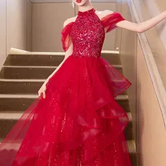 カラードレス ロングドレス オフショルダー 赤 レッド フレアスカート フリル ホルダーネック スパンコール刺繍 きらきら　パーティードレス ウェディングドレス ウエディングドレス 演奏発表会 1055