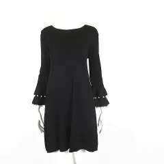 ザラ ZARA ワンピース リブ ニット ラウンドネック パール ティアード フリル フレア 7分袖 M 黒 ブラック タグ付 美品