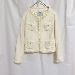 NORD SUD ノールシュド レディース ジャケット 36 S ノーカラー ツイード アイボリー ベージュ ゴールド ラメ フリンジ  フリル キレイめ フォーマル お仕事着