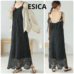 美品　ESICA　エシカ　クロシェ編み レース キャミ ロング ワンピース　リボン　洗える　黒　ブラック　M