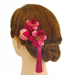 髪飾り 成人式 つまみ細工 振袖 前撮り 袴 浴衣 夏祭り 花火大会 3点セット ピンク 玉飾り ちりめん 房付き 鹿の子 ヘアアクセ No.9-3295