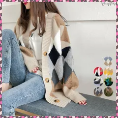 送料無料 配色ニットカーディガン 韓国風レディース アーガイル柄 ニットアウター vネック 中厚手 長袖ニットソー 体型カバー羽織 お洒落カーデ カジュアル 女子ニット チェック アウター 秋冬上着ジャンパー 大人ニットトップス