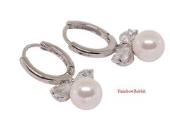 18K RGP プラチナ ダイヤ CZ リボン パール ピアス yp5079