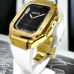 TCプレミアムゴールドホワイトアップルウォッチバンド ラバーベルト ステンレス カバー　Apple Watch ケース 44mm 45mm 4 5 6 7 8 9 se メンズ レディース スポーツ01