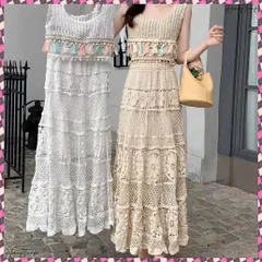 クロシェ編みセットアップ ボヘミアン夏服 透かし編みビスチェ ロングスカート レディース サマーニット2点セットフリンジタンクトップ フレアスカート ビーチウェア 南国旅行服 沖縄服 かぎ編みニット夏海 大人可愛いリゾート