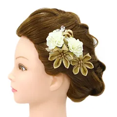 髪飾り 成人式 つまみ細工 振袖 前撮り 袴 花 2点セット ゴールド 白 ちりめん 組紐 パール ガラス ビーズ クリスタル かんざ No.9-5037