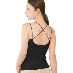 【新品】 [バンビウォーター] ブラトップ キャミソール カップ付き バッククロス 【特許取得】 レディース リブ 綿 トップス (ブラック,L) 0