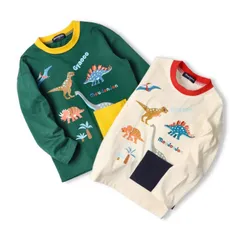 moujonjon 恐竜プリント刺繍長袖Tシャツ　m54849