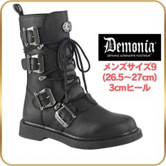 26.5 27 demonia デモニア ミドルブーツ ショートブーツ フラットヒール 3cm ヒール 黒 ブラック 合皮 つや消し ベルト バックル レースアップ ジッパー 大きいサイズ コンバットブーツ パンク ゴシック 原宿系 靴 レディース メンズ