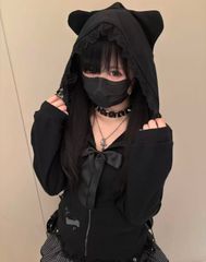 リボン　レース♡ 猫耳　フーディー　長袖　パーカー　病み　かわいい　量産型　地雷系　黒　ブラック　春　夏　秋　日焼け防止　上着　ジャージ　サブカル　ファッション　ピアス　フリル　ロリータ　ロリィタ　界隈　渋谷　原宿　病み系　メンヘラ　悪魔界隈　ぴえん系女子