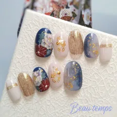 ネイルチップ　和柄ネイル　紺　青 ブルー　成人式　振袖　前撮り　袴　フラワー　手描き　168