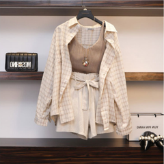 チェック シャツ ニット キャミソール 春服 ショート パンツ 3点セット