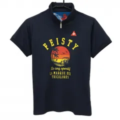 【美品】ルコック 半袖ハイネックシャツ ネイビー×イエロー サンセット柄プリント  レディース LL ゴルフウェア le coq sportif