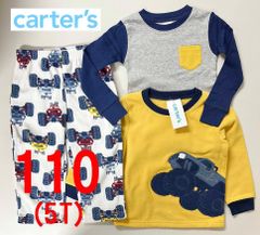 新品 3点 110 ★ Carters カーターズ キッズ フリース パジャマ 上下 セット 5T 四駆 車 イエロー ネイビー ルームウェア 長袖 ロングパンツ コットンTシャツ ボーイズ ベビー 男の子 長ズボン ロングスリーブ 3PC Pajamas
